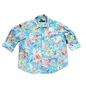 Lauren‎ Ralph Lauren Women's XL Blue Floral Button Up Shirt Tropical Flower